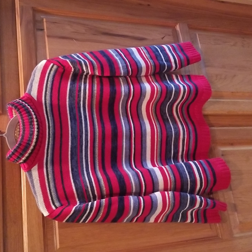 Tiara International red, blue, white striped sweater with some gold threading S